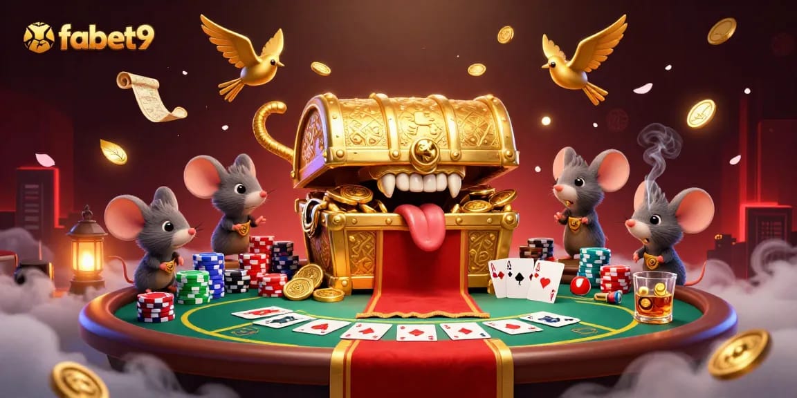 Engage in thrilling poker at fabet9's visually rich casino scene with a treasure chest and sparkling elements.