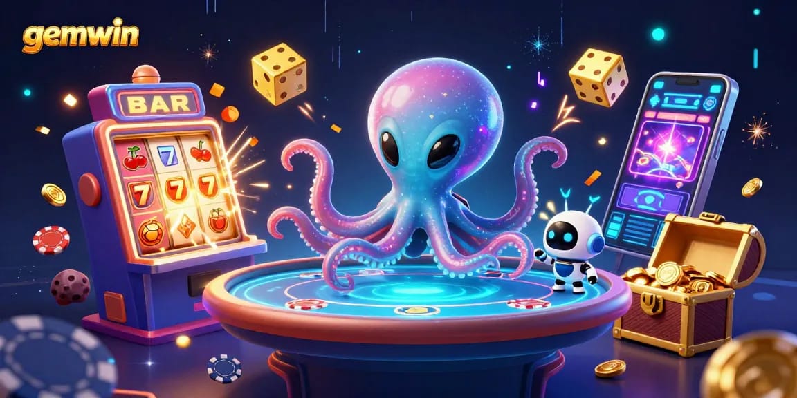 Experience lavish gaming with gemwin, featuring an alien octopus at a floating poker table amidst dynamic casino scenes.
