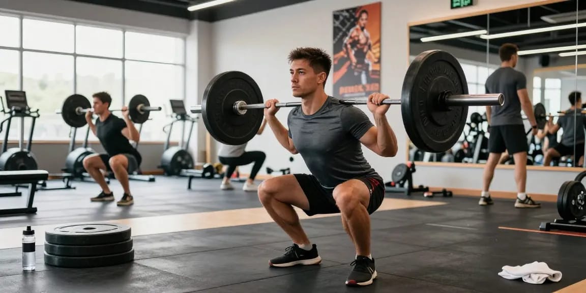 Muskulöser Mann, der mit Gewichten im Fitnessstudio von Steroidshop trainiert und Energie sowie Fokus zeigt.
