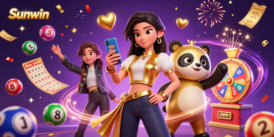 Experience thrilling casino action with Sunwin's vibrant gaming scene featuring a woman and a golden panda.