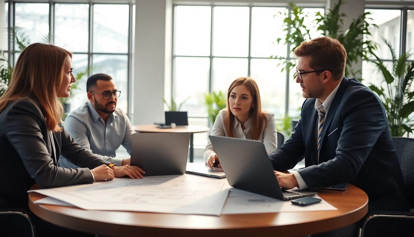 Headhunter Ingenieure advising in a professional setting with blueprints and laptops.