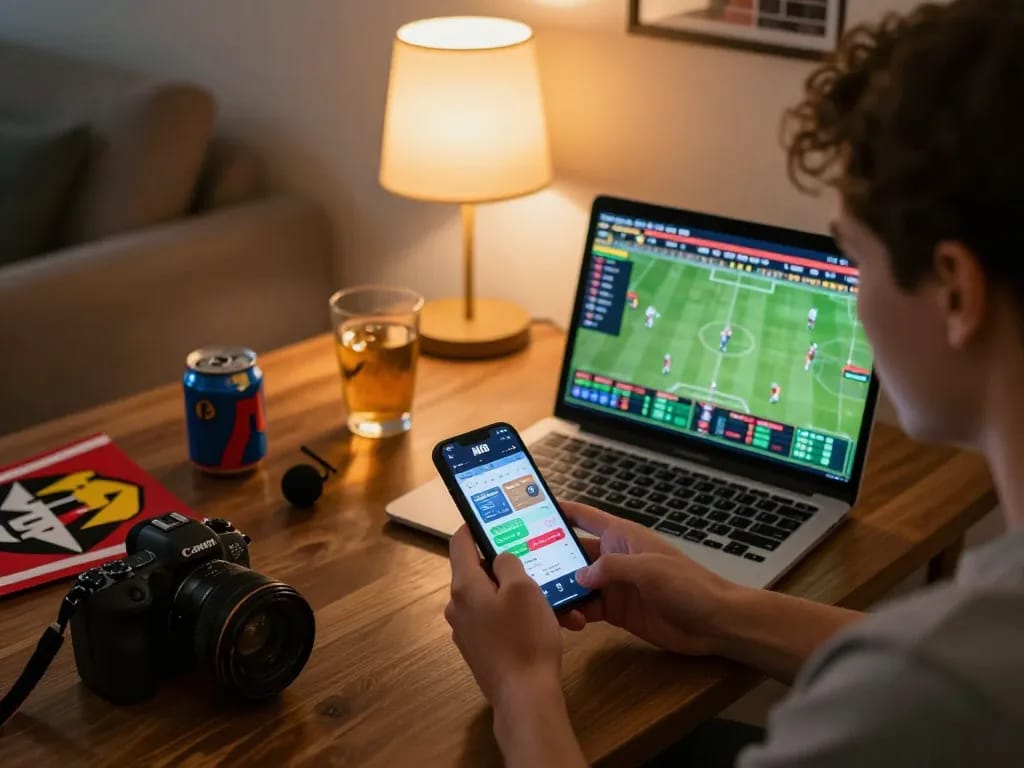 Betting on sports with MK8 app in a cozy home setup, analyzing odds on a smartphone