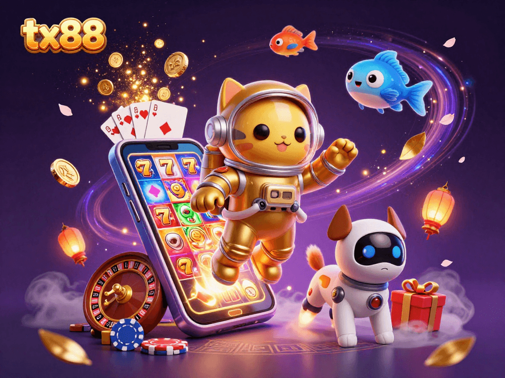 Experience tx88 excitement with a cat astronaut and vibrant slots in a cosmic casino adventure.