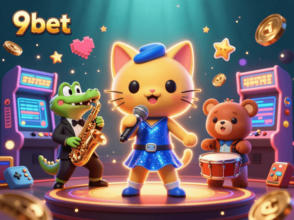 Experience thrilling entertainment with 9bet's vibrant casino scene featuring wild musical characters.