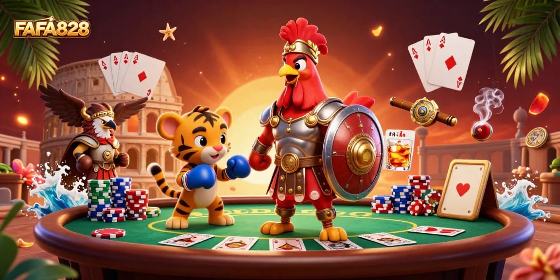 Engage with FAFA828 in this vibrant casino scene featuring poker elements and dynamic characters.