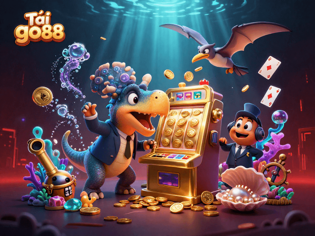 Tải go88 for an exhilarating gaming experience with golden coins spilling from a slot machine in this vibrant scene.