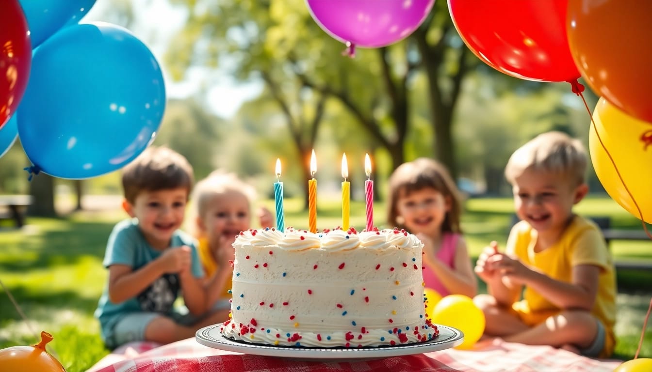 Kindergeburtstag 4 Jahre mit bunten Ballons und einem festlichen Kuchen.