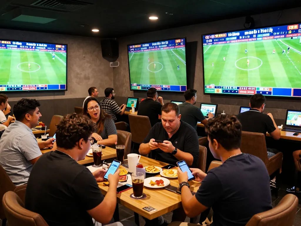 Tỷ lệ kèo nhà cái displayed on screens while enthusiastic fans place bets in a sports betting lounge.