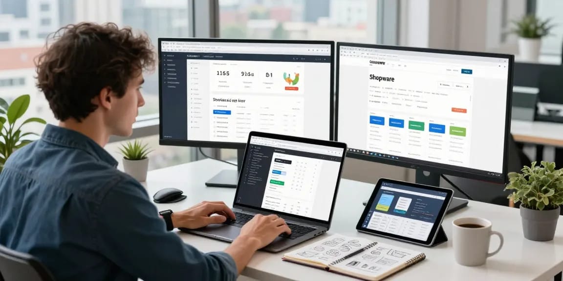 Shopware-Freelancer programmiert in einem modernen Arbeitsplatz mit zwei Bildschirmen, die E-Commerce-Analysen und -Designs anzeigen.