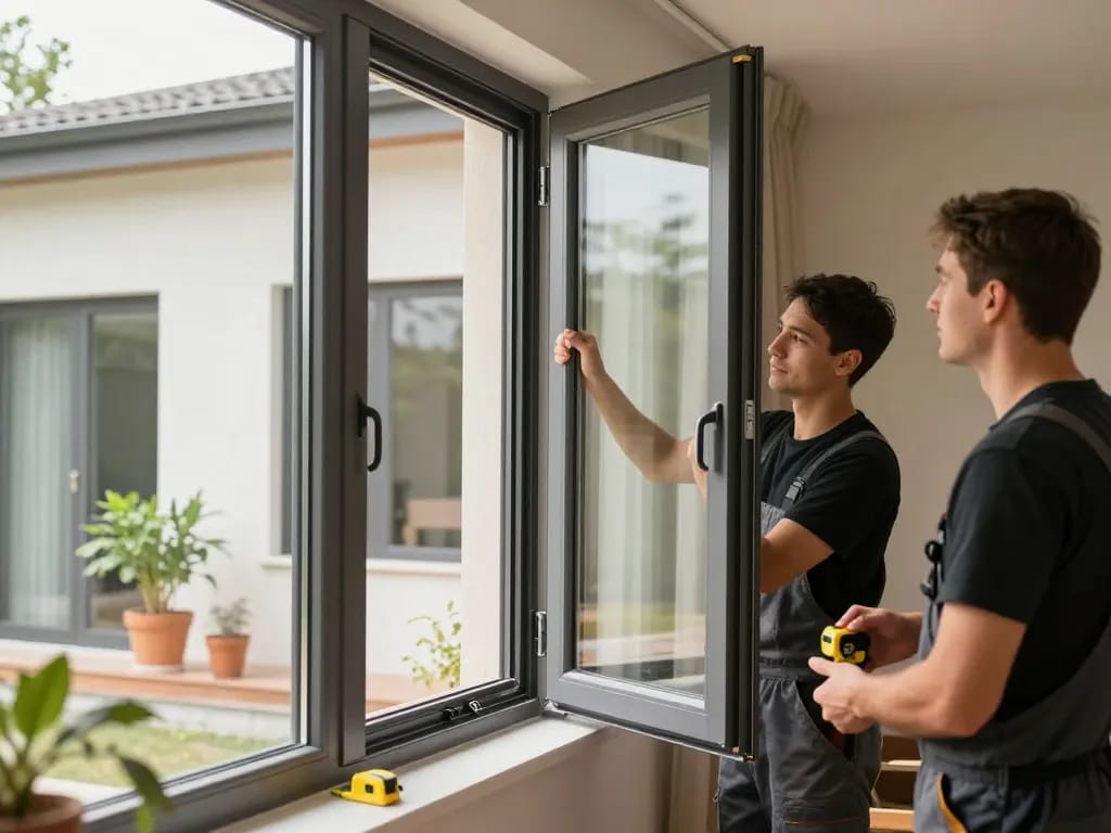 Moderne Fensterbau-Fenstermontage durch fachkundige Handwerker in einem hellen Wohnambiente.