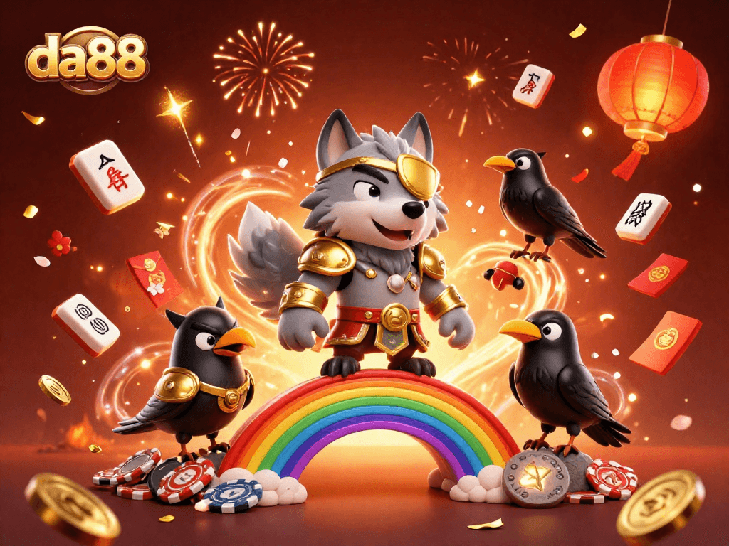 Experience da88's vibrant casino world with Odin and his ravens amidst shimmering game elements.