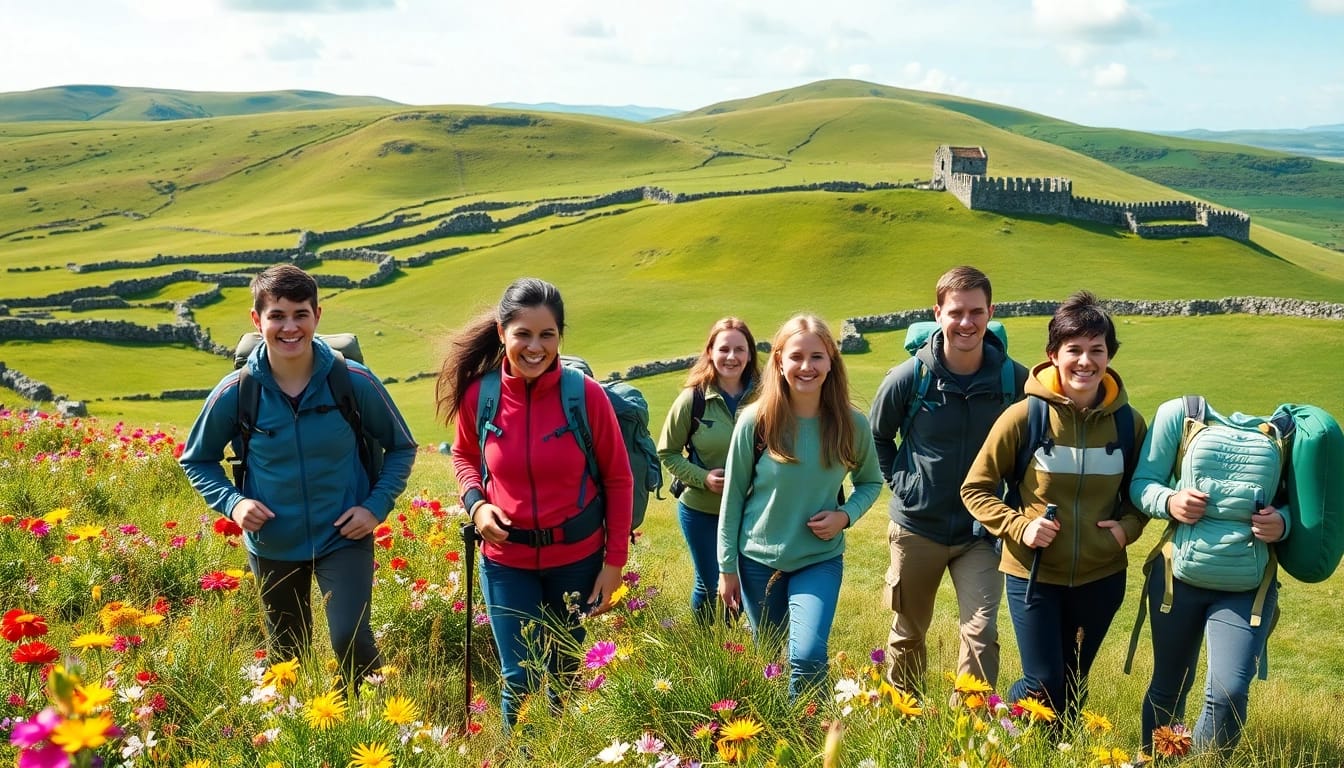 Erleben Sie die Schönheit von Irland wandern mit glücklichen Wanderern in der grünen Landschaft.