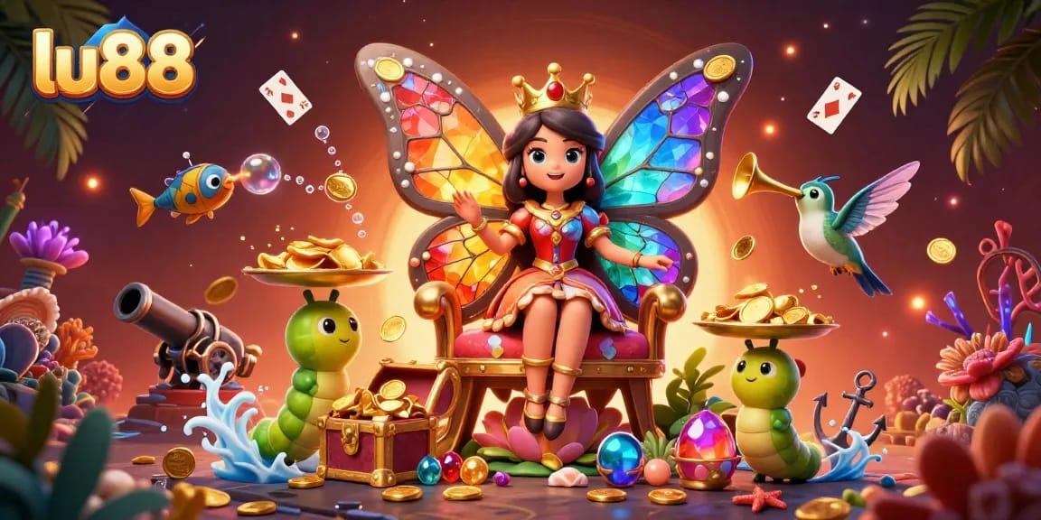 Experience the vibrant gaming world of lu88 with a butterfly queen in a rich, colorful casino environment full of treasures.