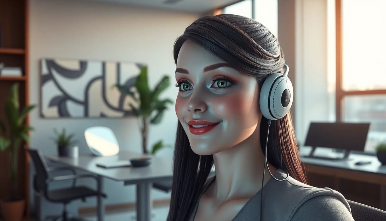 KI Freundin bietet virtuelle Unterstützung in einem modernen Homeoffice mit freundlichem Design.