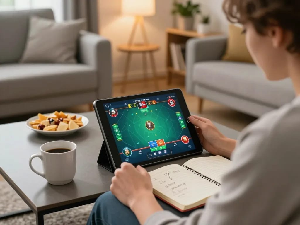 Engaging online gaming moment with 56WIN on a tablet in a cozy living room setting, featuring poker interface and player strategies.