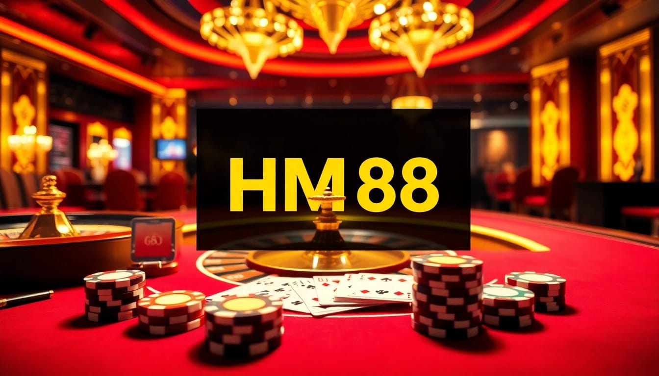 HM88 logo showcased on an exciting casino scene with poker chips and cards.