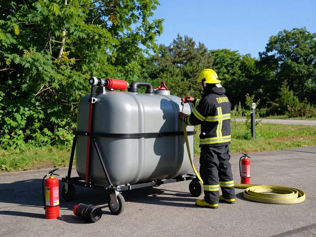 Löschwasserzisterne Genehmigung Deutschland - Feuerwehrmann, der einen faltbaren Wassertank für Brandschutz in einem bewaldeten Gebiet bewertet.