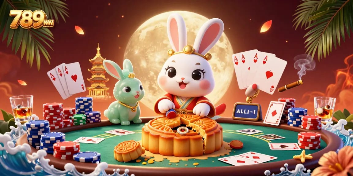 Engage in thrilling poker action with 789WIN as a moon rabbit reveals poker chips inside mooncakes.