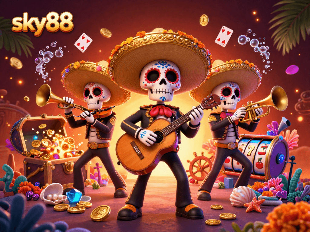 Engage with exciting slots at sky88, featuring a vibrant mariachi band and rich casino elements.