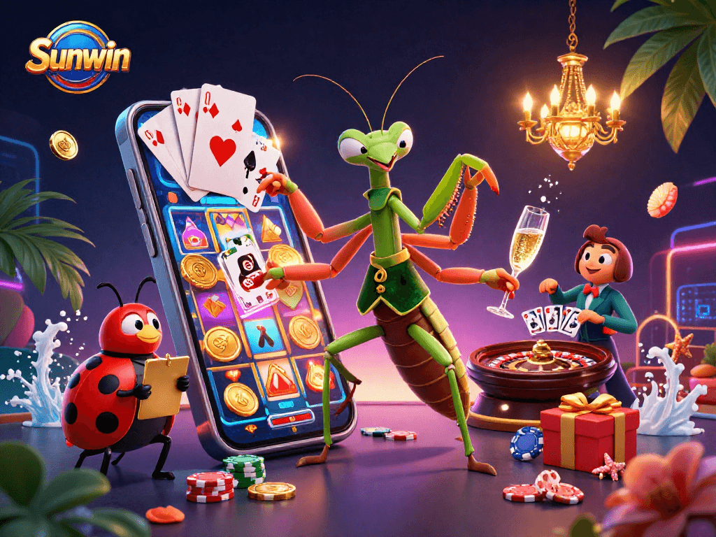 Engage with Sunwin’s vibrant casino scene featuring a quirky praying mantis dealer and lively game elements.