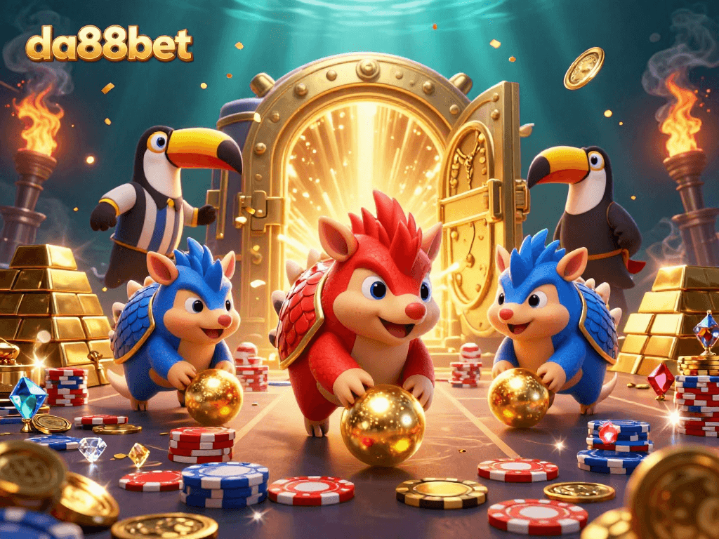da88bet showcases a vibrant scene with armored pangolins bowling through poker chips in a lively casino