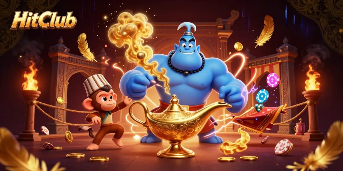 HitClub showcases an exhilarating scene with a blue genie, monkey, and magic carpet amid vibrant casino elements.