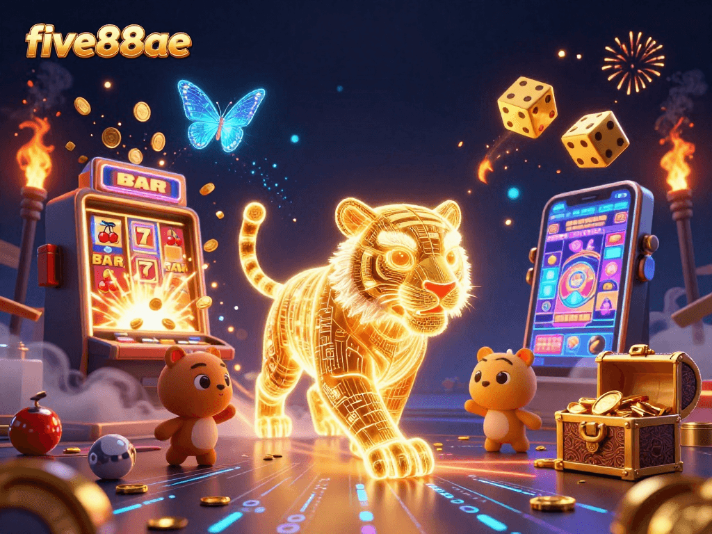 Experience the thrill of five88ae as a golden tiger prowls a digital casino, surrounded by jackpot excitement.