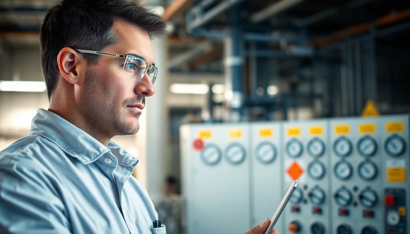DGUV V3 Prüfung: Techniker bei der sicherheitsprüfung elektrischer Geräte in professionellem Umfeld.