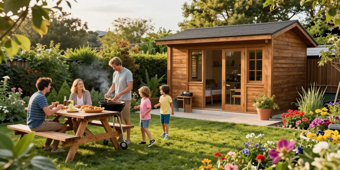 Modernes Gartenhaus von McGarden24 im Garten mit entspannten Familienaktivitäten.
