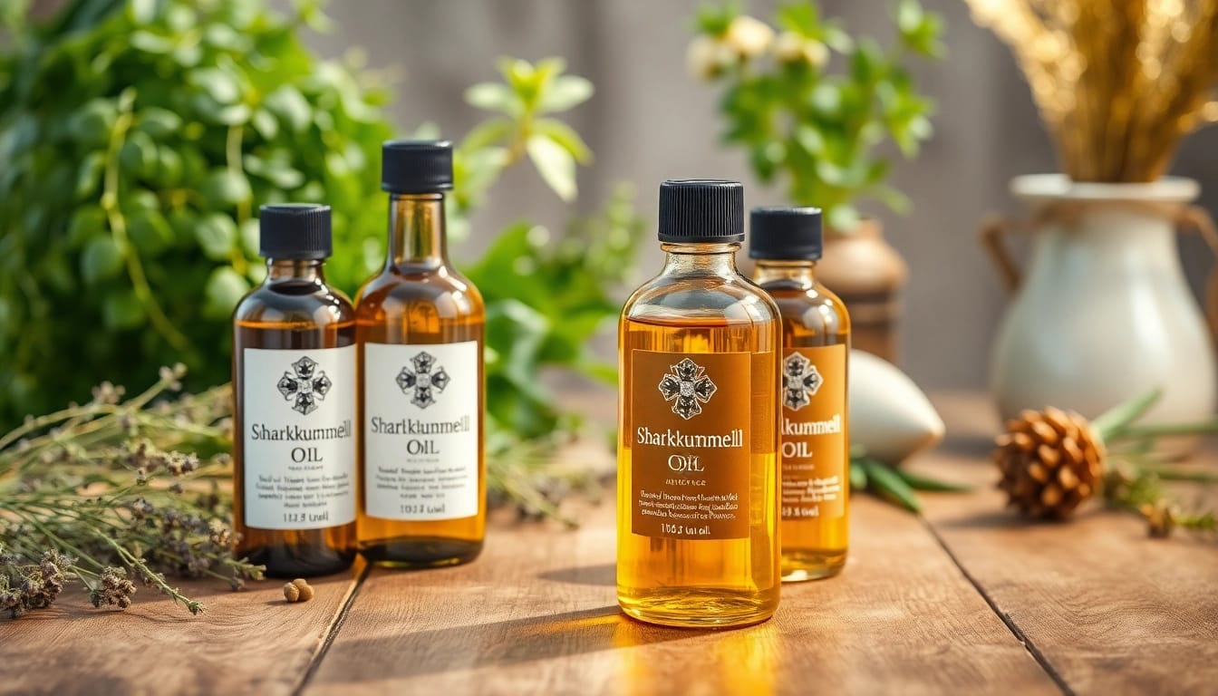 Schwarzkümmelöl bottles displayed beautifully with herbs, emphasizing natural health.