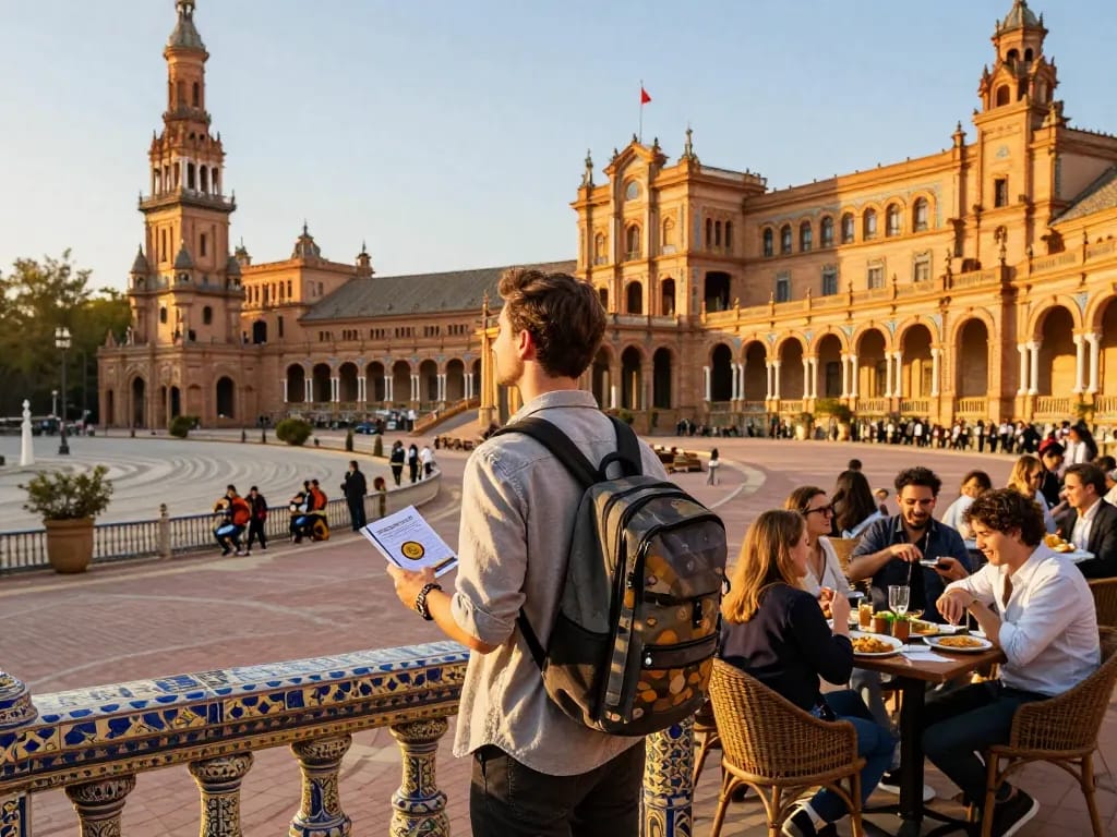 Reisetipps Sevilla - Reisender erkundet die lebhaften Straßen in der Nähe der Plaza de España während der goldenen Stunde