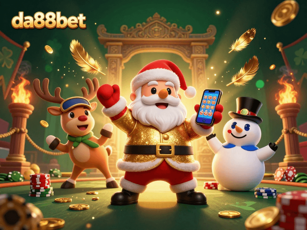 da88bet brings the excitement of jackpot slots in a vibrant casino scene with festive characters.