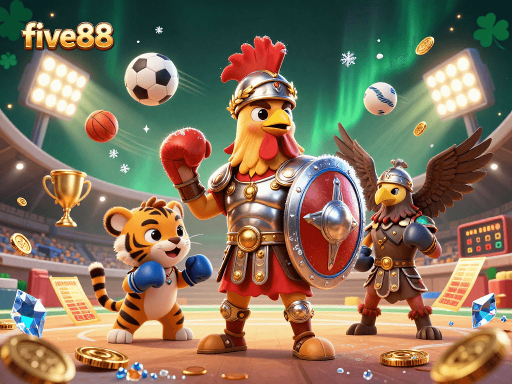 Win big with five88 as a 3D gladiator rooster and tiger cub bring excitement to online betting adventures.