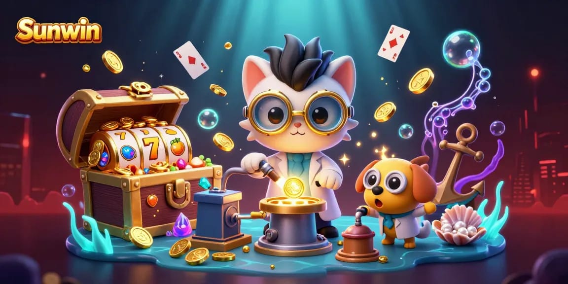 Experience the excitement of Sunwin with vibrant casino elements and animated characters in a dynamic scene.