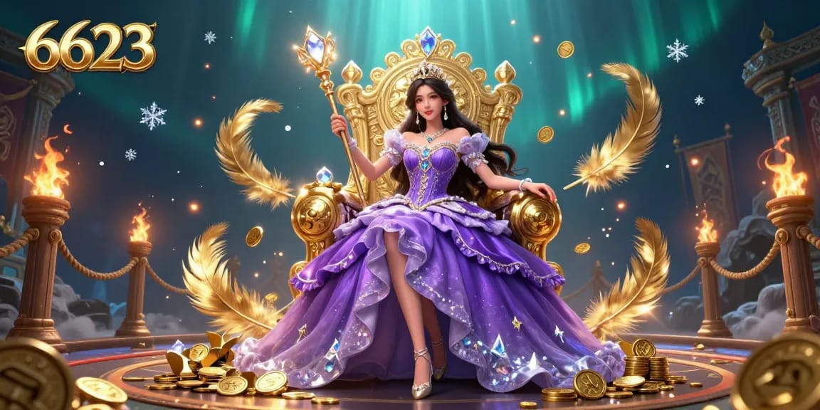 Win big with 6623 in a vibrant, majestic casino landscape filled with golden coins and enchanting elements.