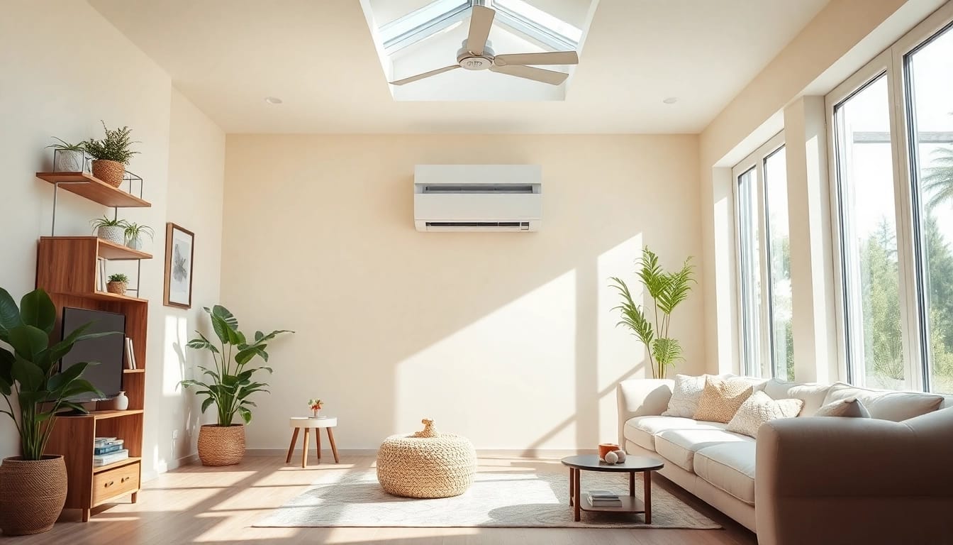 Show the Klimaanlage kosten and its elegant design in a cozy modern living room setting.