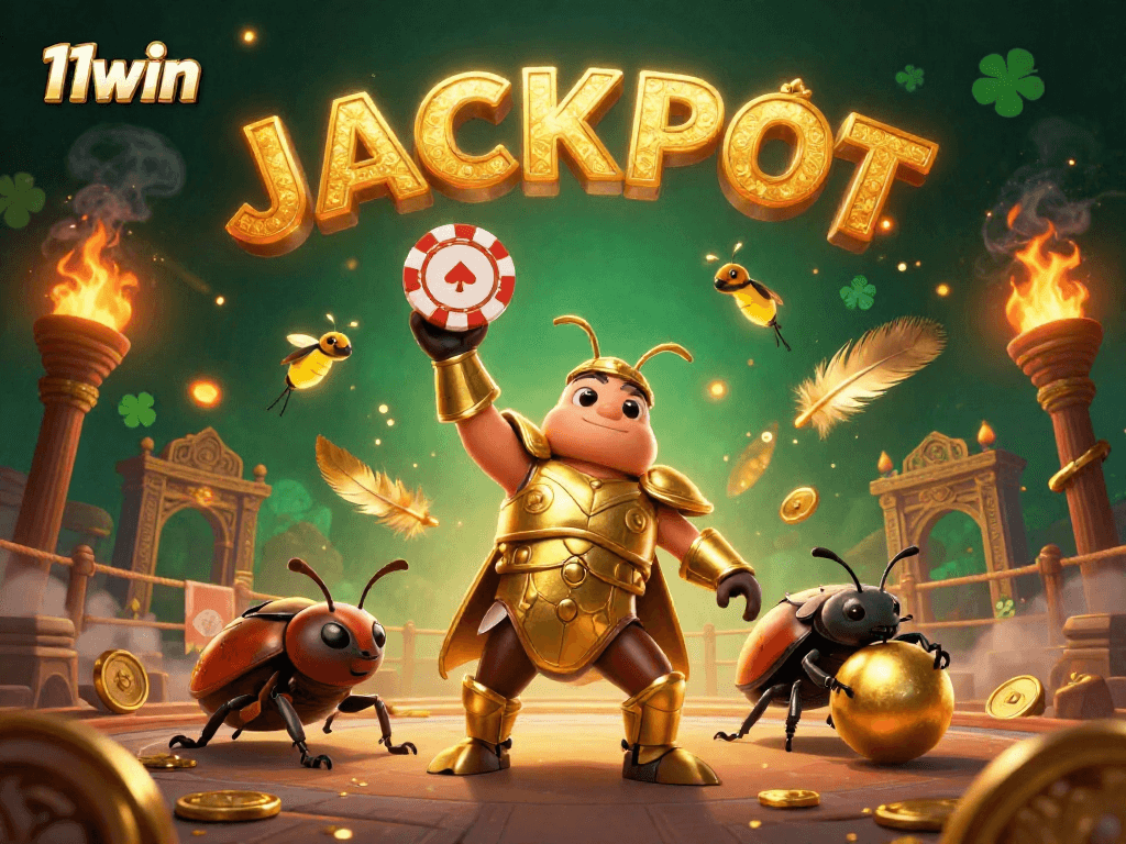 Experience thrilling gameplay at 11win; a joyful hercules beetle celebrates a victory over poker.