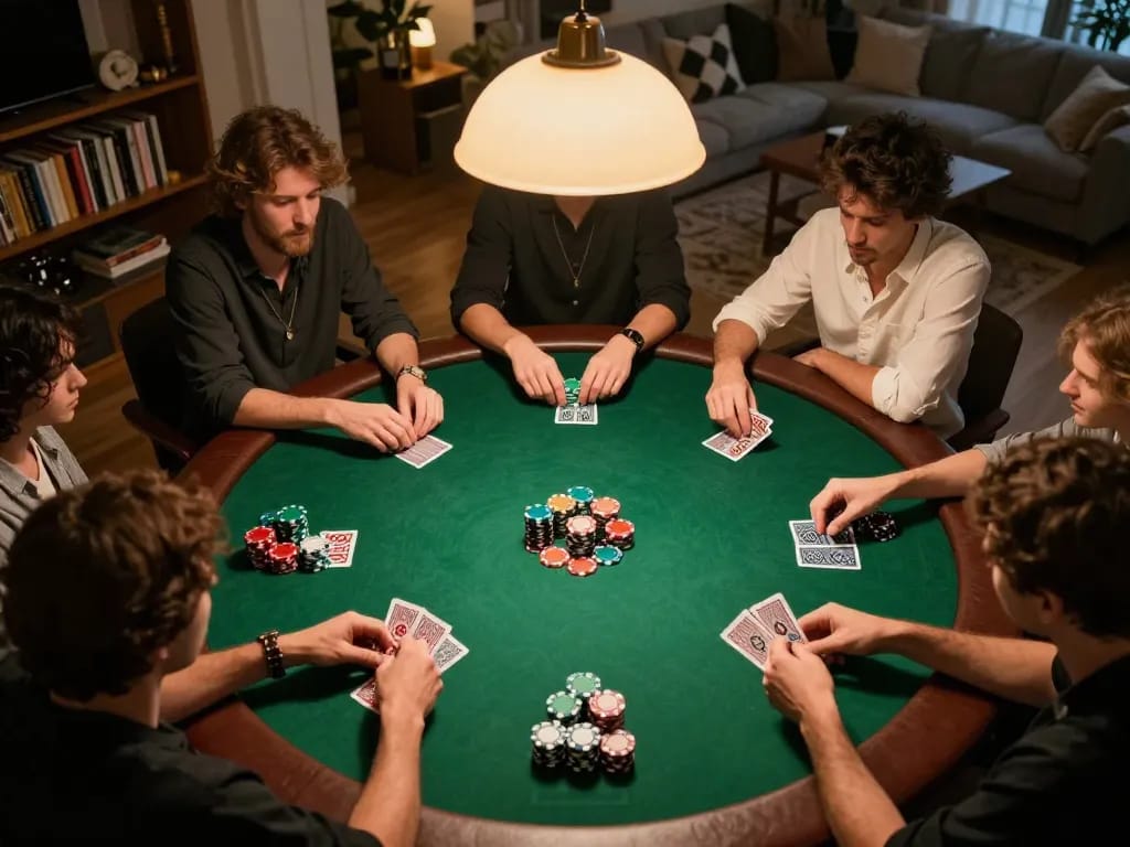 Friends enjoying a poker game night at home, showcasing an exciting atmosphere with rik vip gaming elements