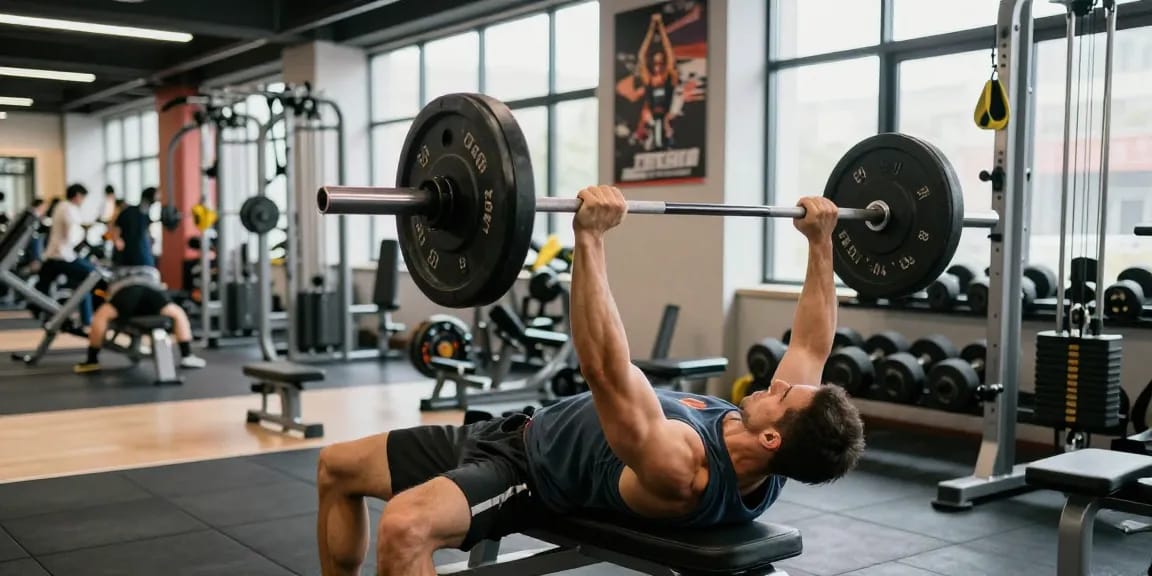 Person im Anabolika Shop beim Training mit Gewichten in modernem Fitnessstudio.