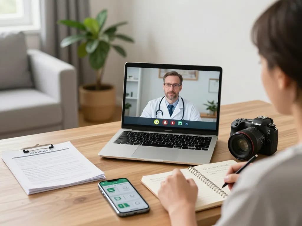 Cannabis Rezept Online bestellen während einer Telemedizin-Beratung in einem gemütlichen Homeoffice mit einem Arzt im Videoanruf.
