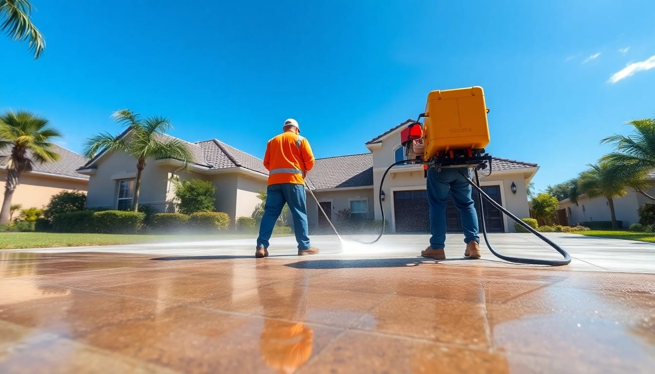 Efficient concrete cleaning in Kissimmee, showcasing professionals using pressure washing equipment