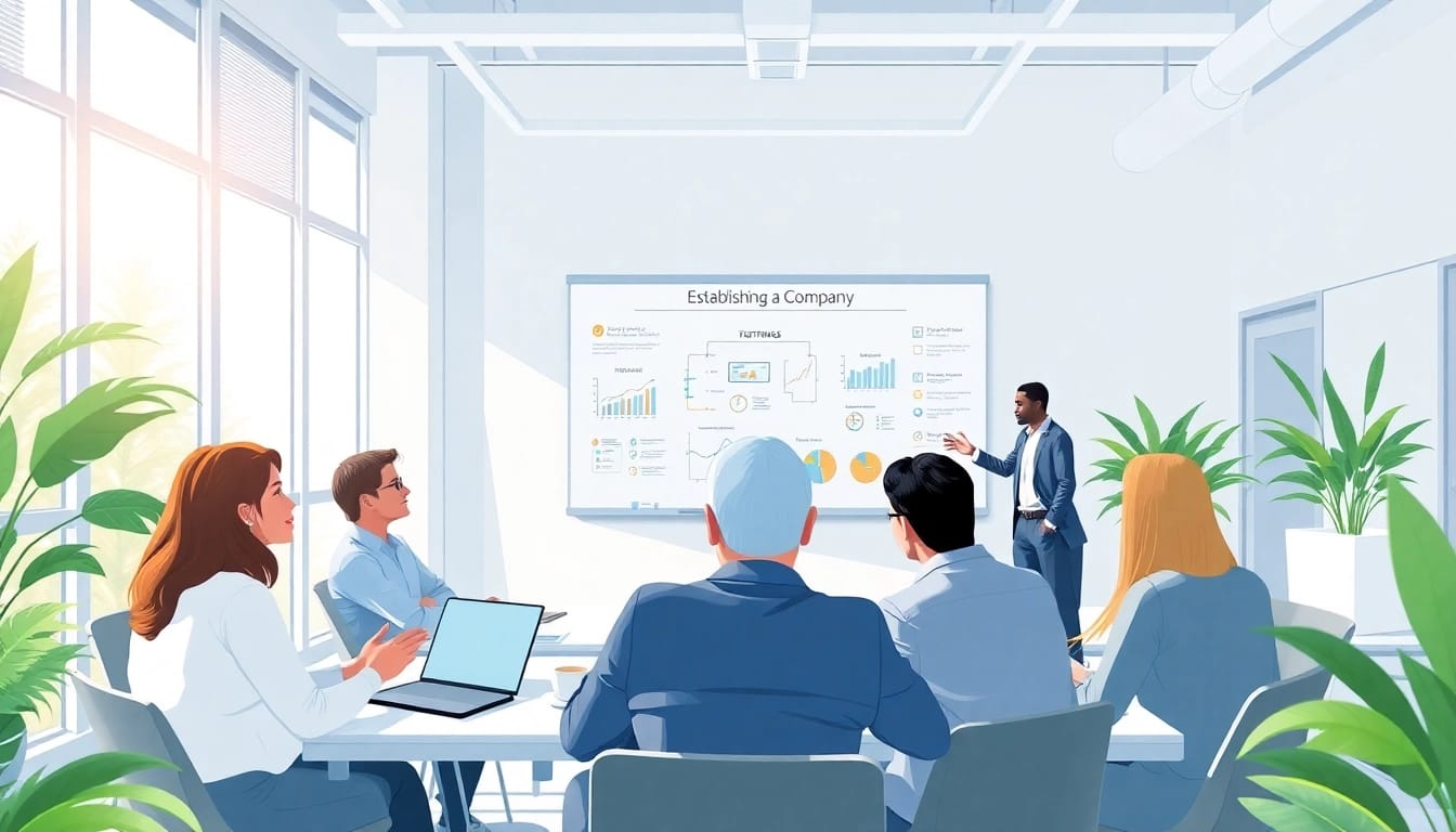 GmbH gründen: Besprechung zur Unternehmensgründung mit Dokumenten und Diagrammen.