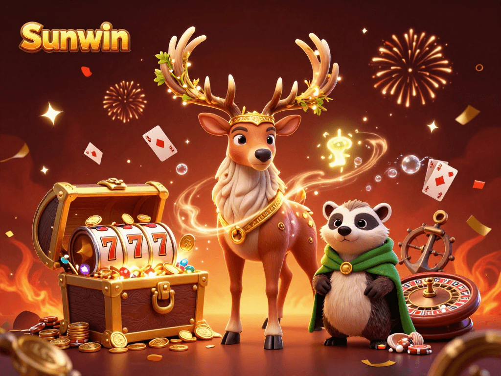 Engage with Sunwin's vibrant online casino scene featuring a druid stag and winning icons.