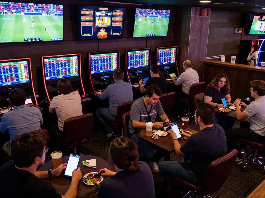 Engaged bettors watching live sports at watchballonline's vibrant betting lounge, capturing the excitement of in-game betting.