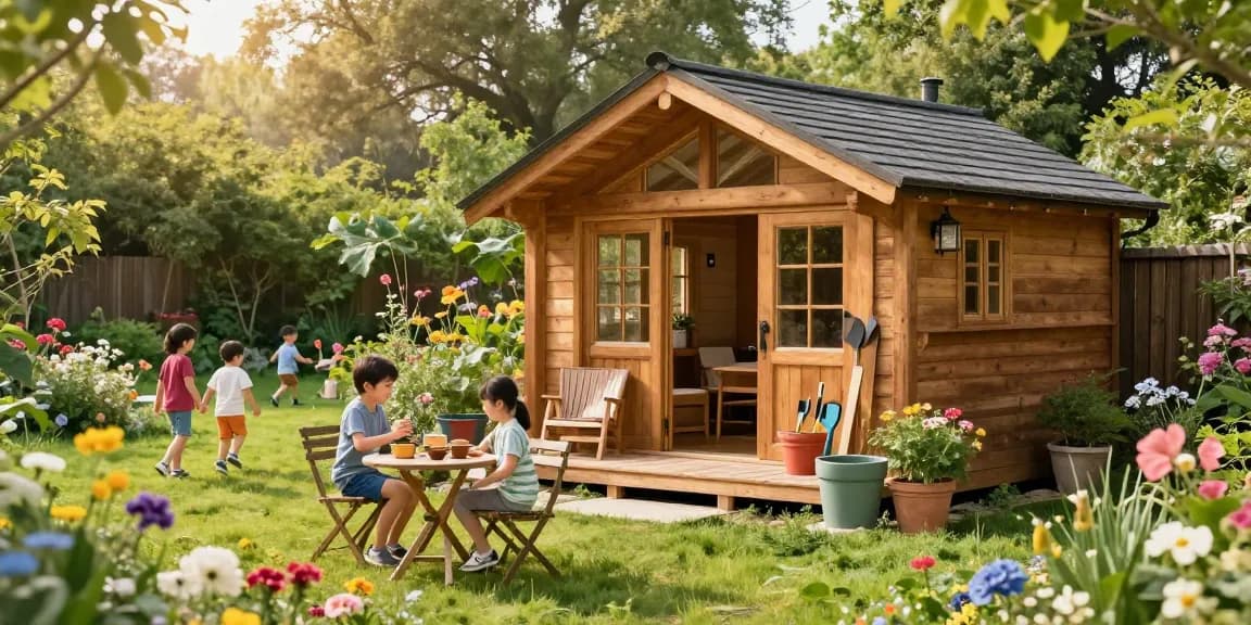 Gemütliches Gartenhaus Holz im Garten mit spielenden Kindern und blühenden Pflanzen.