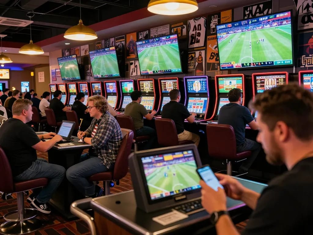 Tỷ lệ kèo nhà cái 5 in action as sports fans place enthusiastic bets in a modern casino.