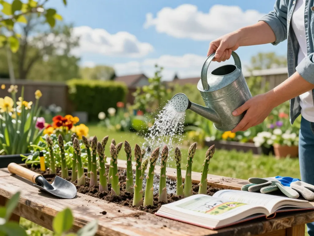 Gardener watering green asparagus plants, promoting grüner spargel pflanzen kaufen in vibrant garden.