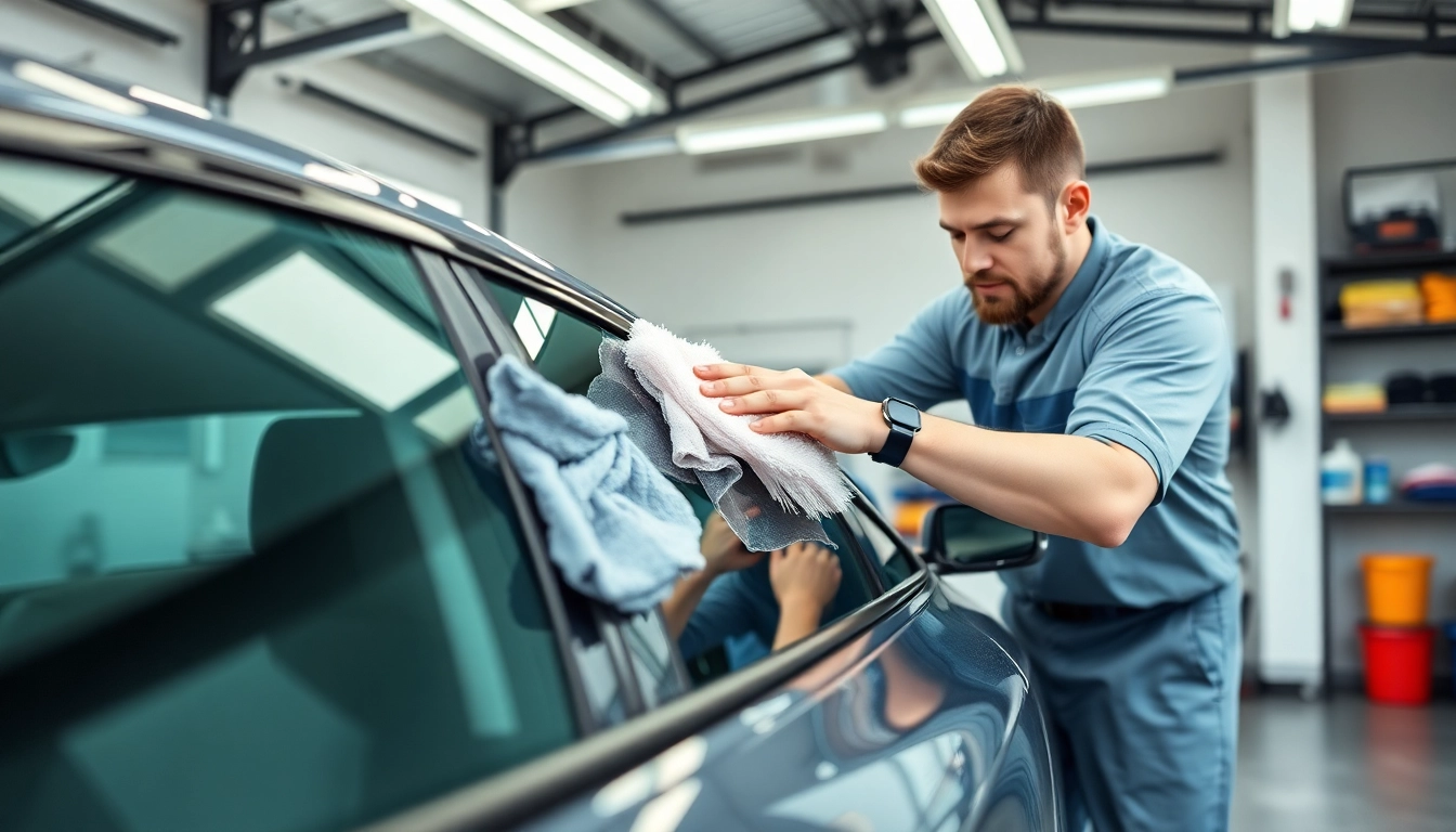 Fahrzeugaufbereitung in professioneller Umgebung mit glänzendem Auto und Reinigungsutensilien.