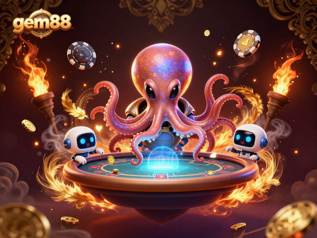 Experience thrilling gameplay at gem88 with a lively alien octopus managing a poker table.