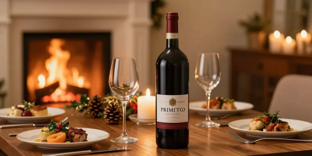 Primitivo Magnum in eleganter Winterdinner-Atmosphäre mit Gourmet-Gerichten.